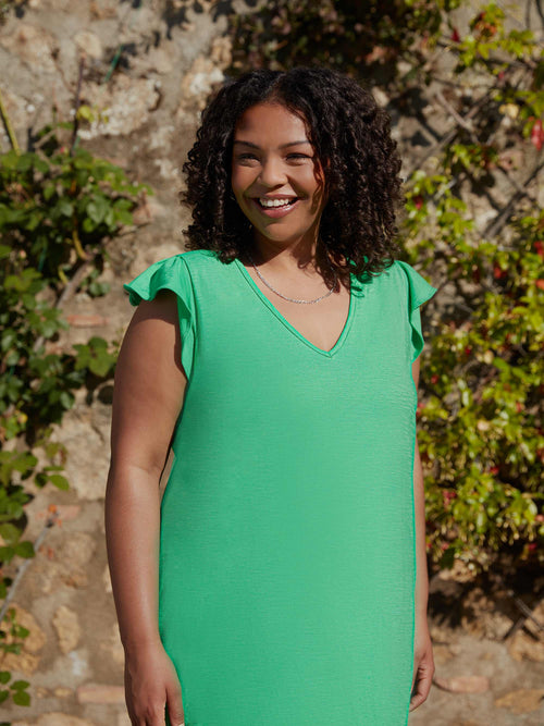 Green Frill Sleeve Cotton Textured Jersey Column Dress