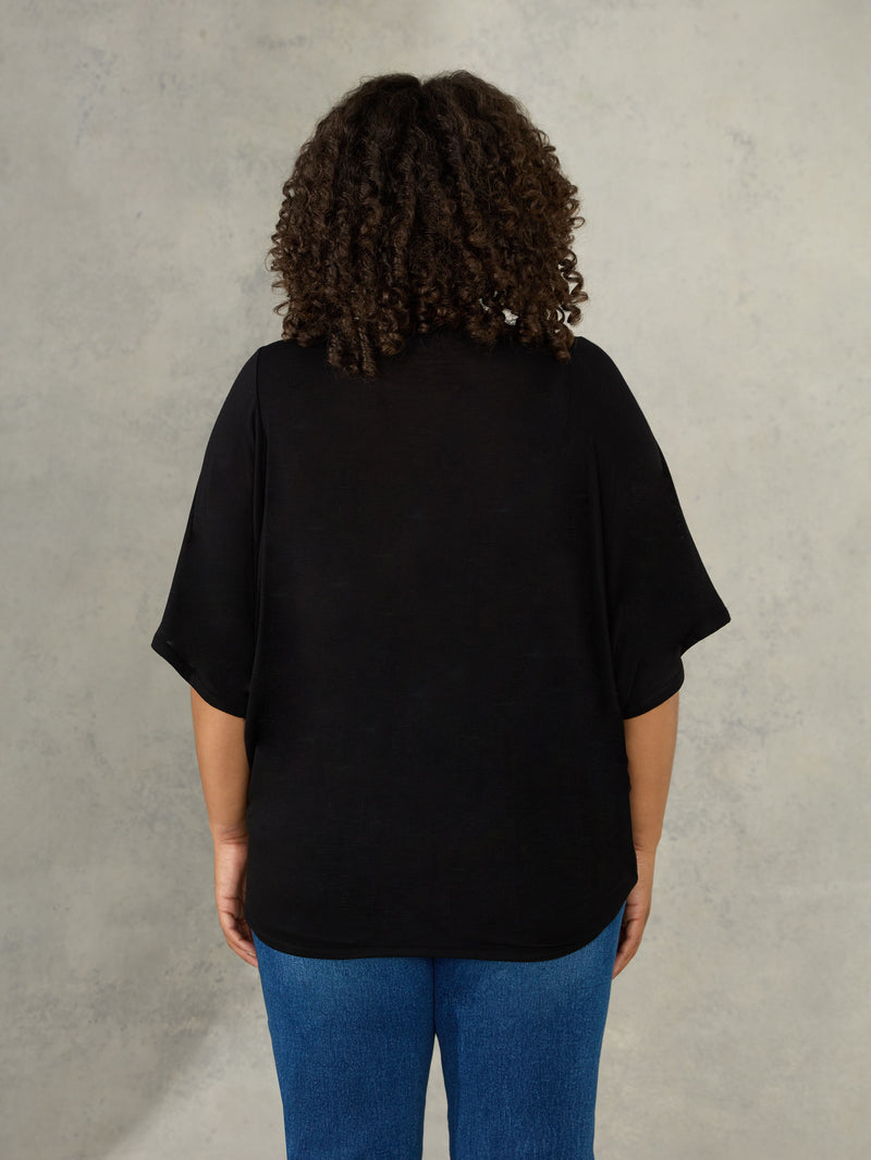 Black Viscose Slub Kimono Top