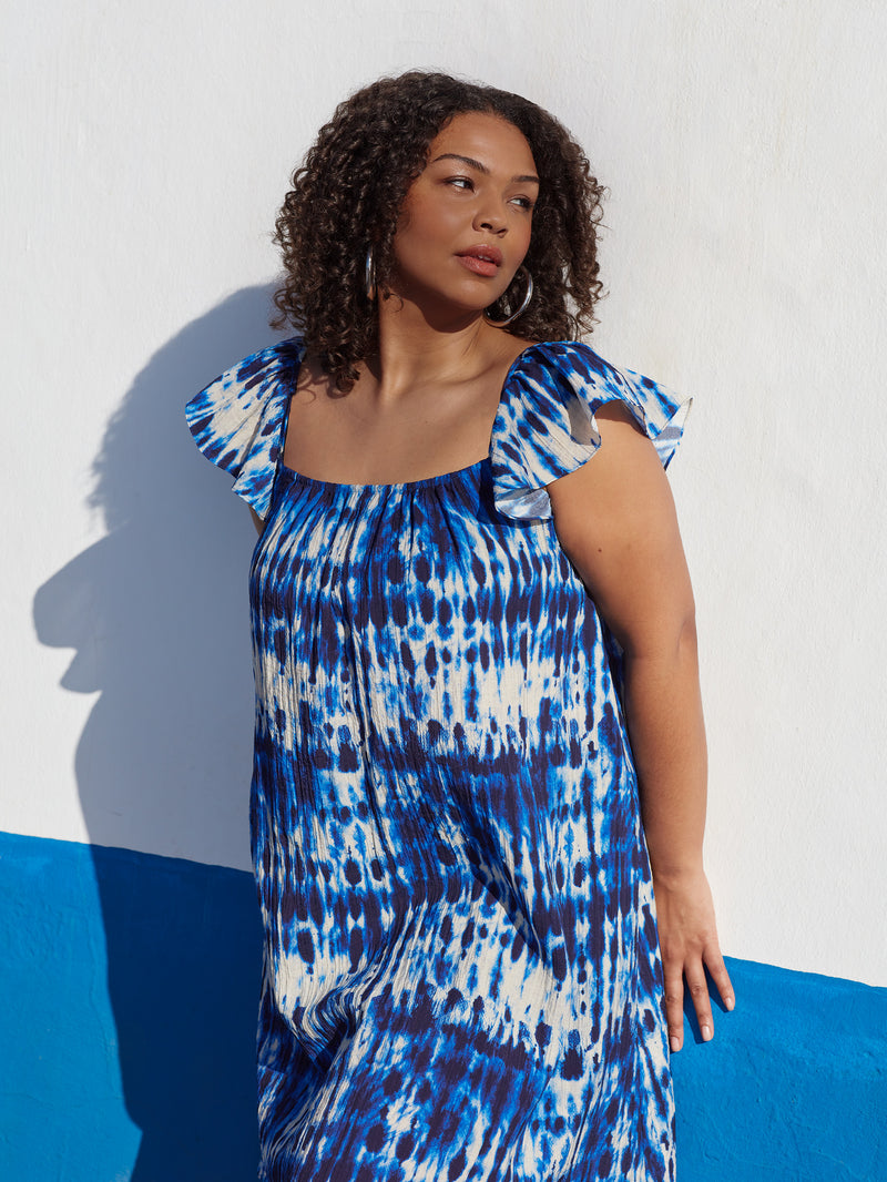 Navy Tie Dye Frill Shoulder Sun Dress