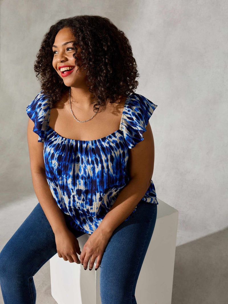 Navy Tie Dye Frill Sleeve Sun Top