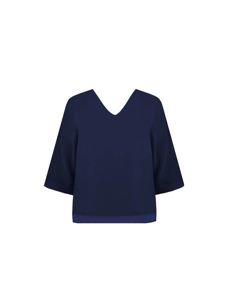 Navy V-Neck Overlay Blouse