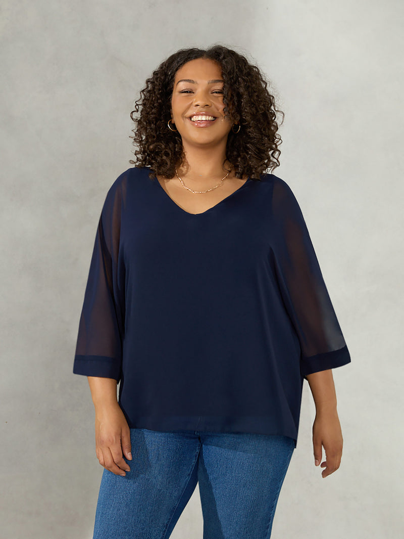 Navy V-Neck Overlay Blouse