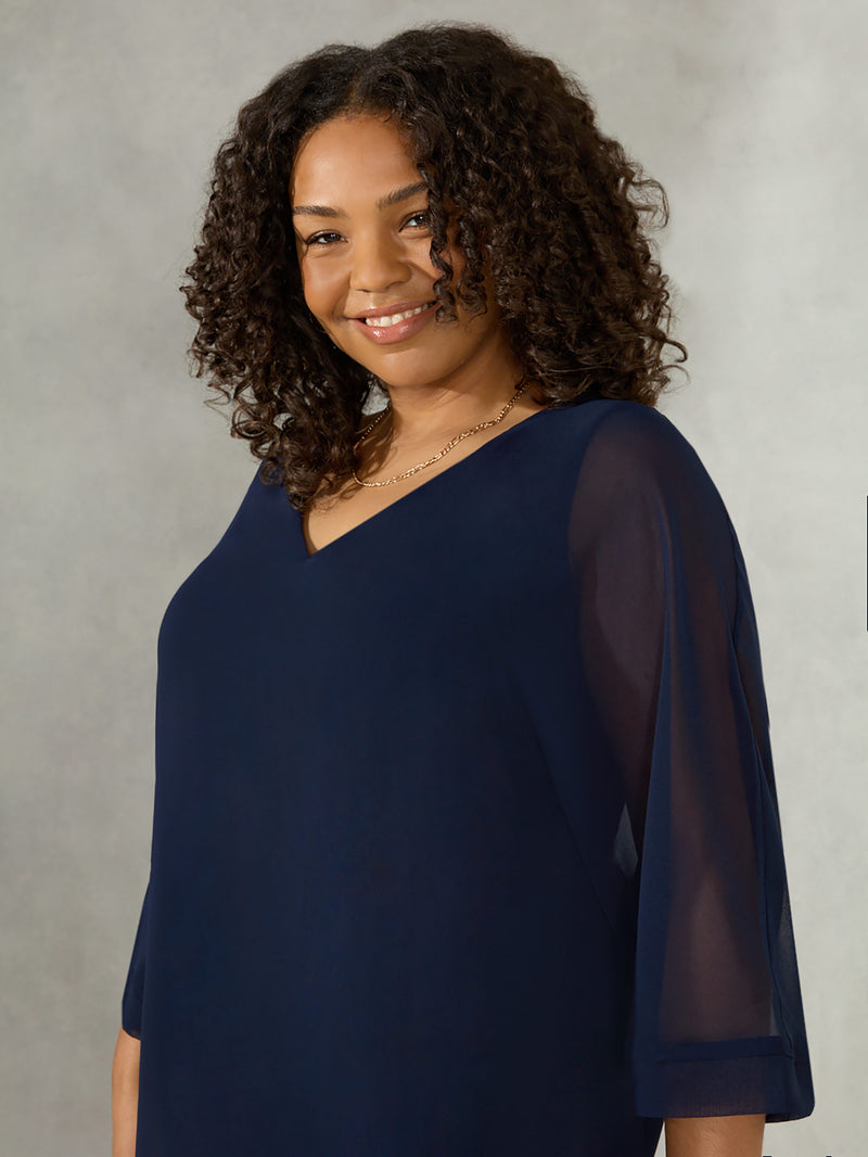 Navy V-Neck Overlay Blouse
