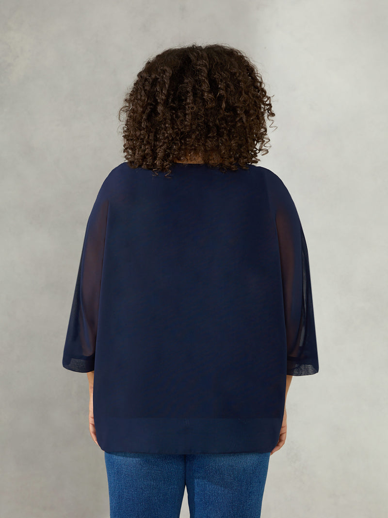 Navy V-Neck Overlay Blouse
