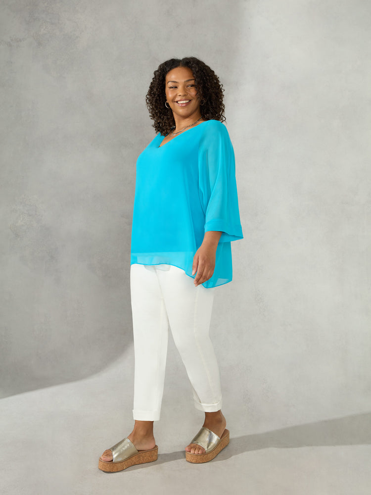 Turquoise V-Neck Overlay Blouse