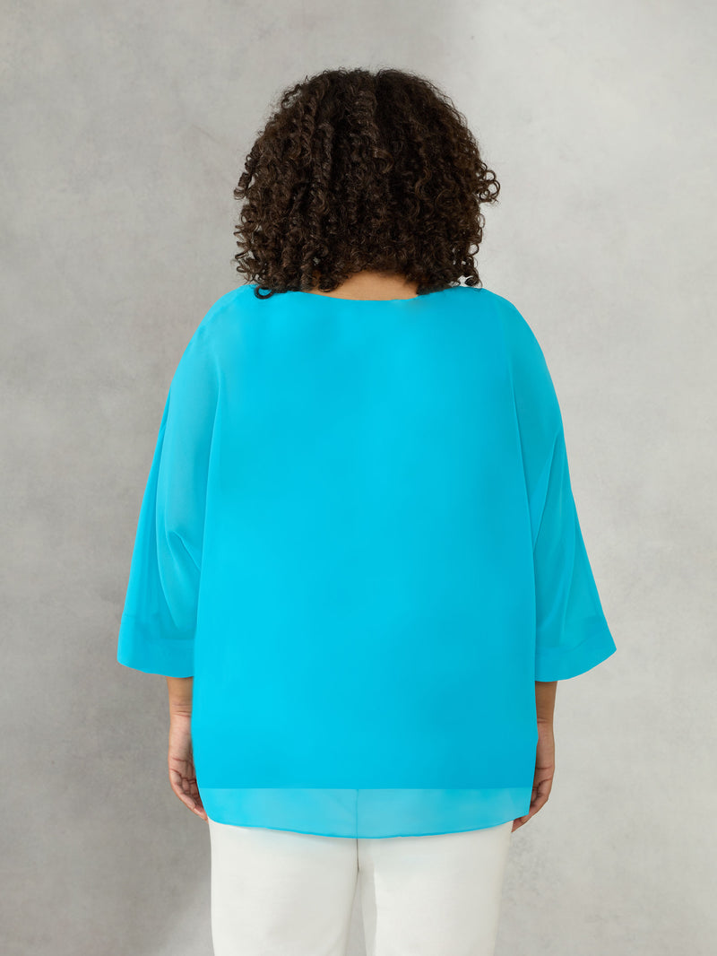 Turquoise V-Neck Overlay Blouse