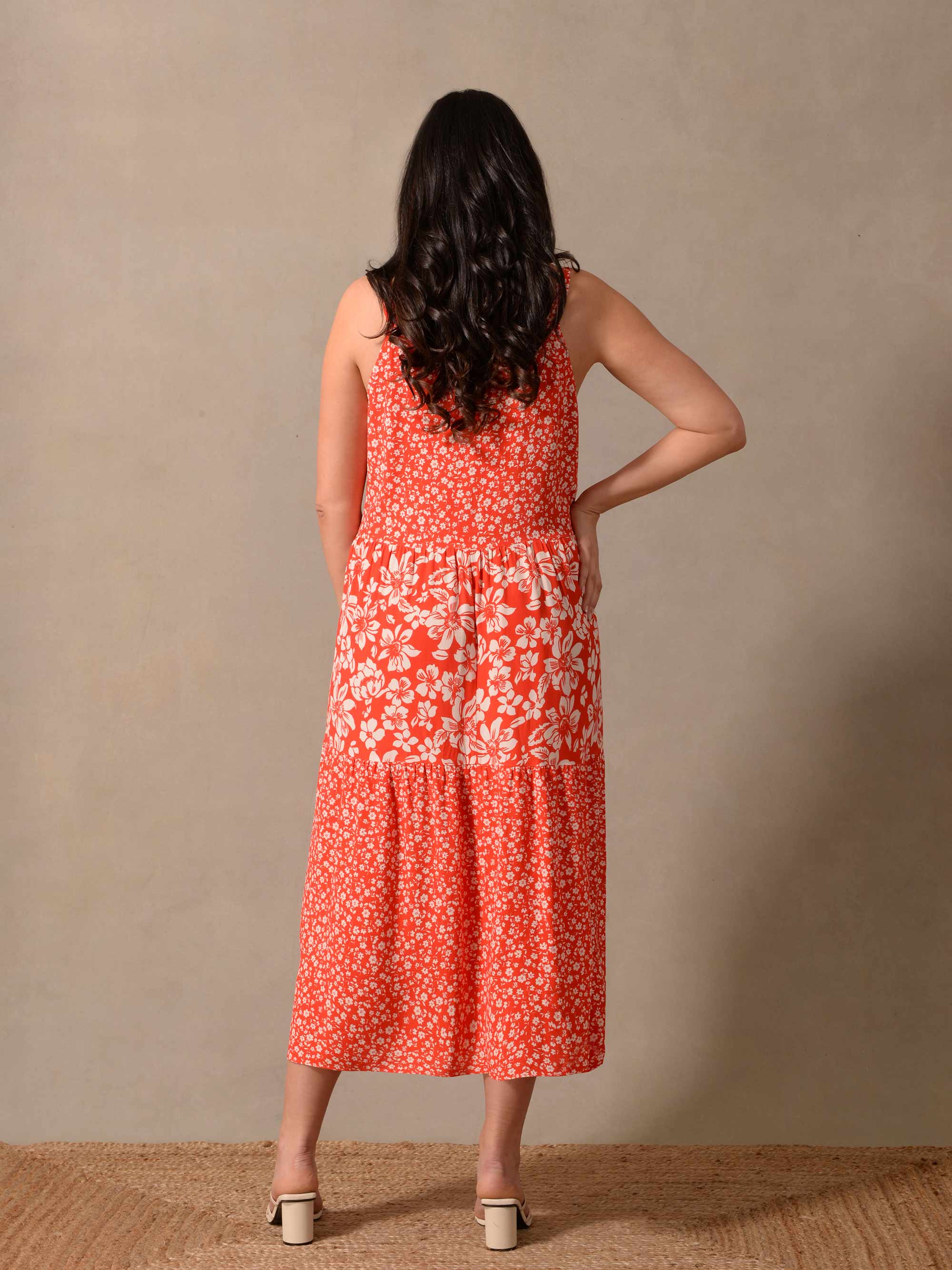 Red Ditsy Mix & Match Tiered Midaxi Dress