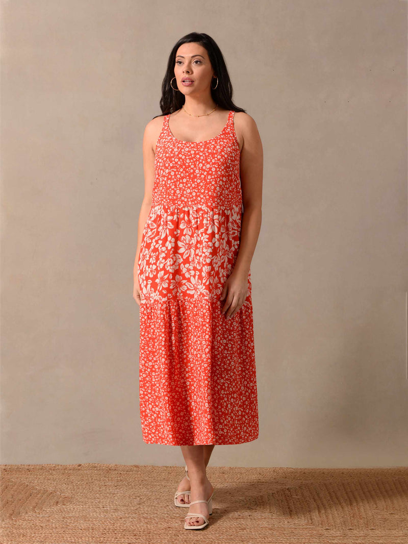 Red Ditsy Mix & Match Tiered Midaxi Dress