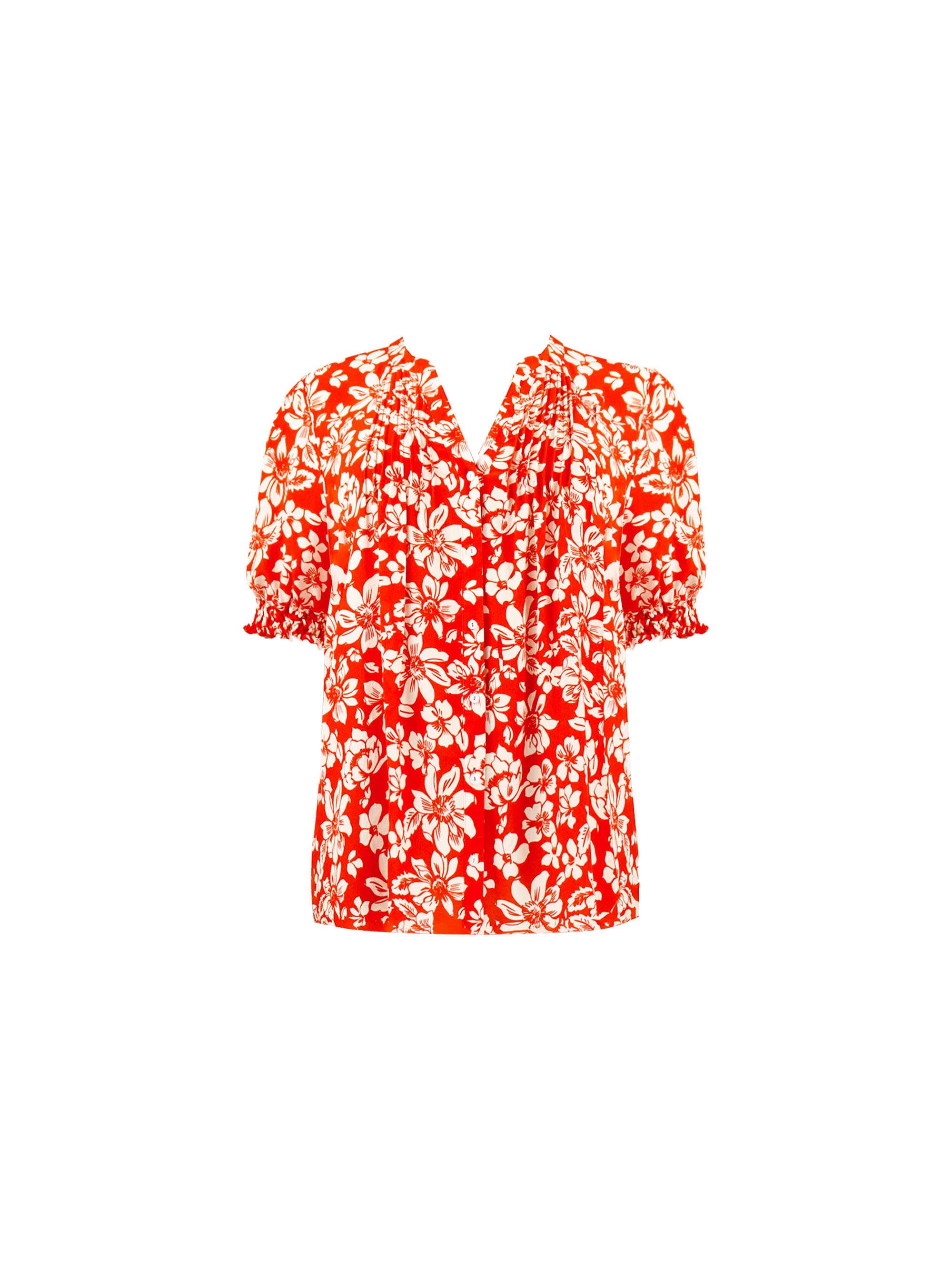 Red Floral Short Sleeve Pintuck Blouse