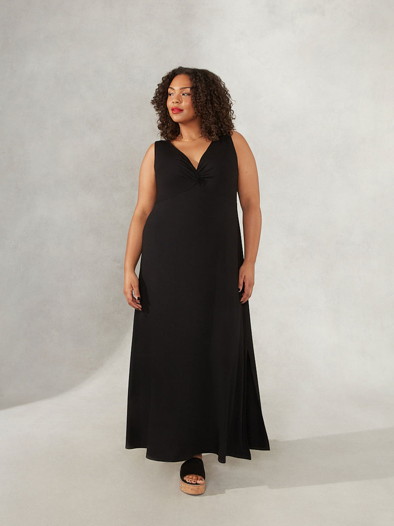 Black V-Neck Twist Front Maxi Dress