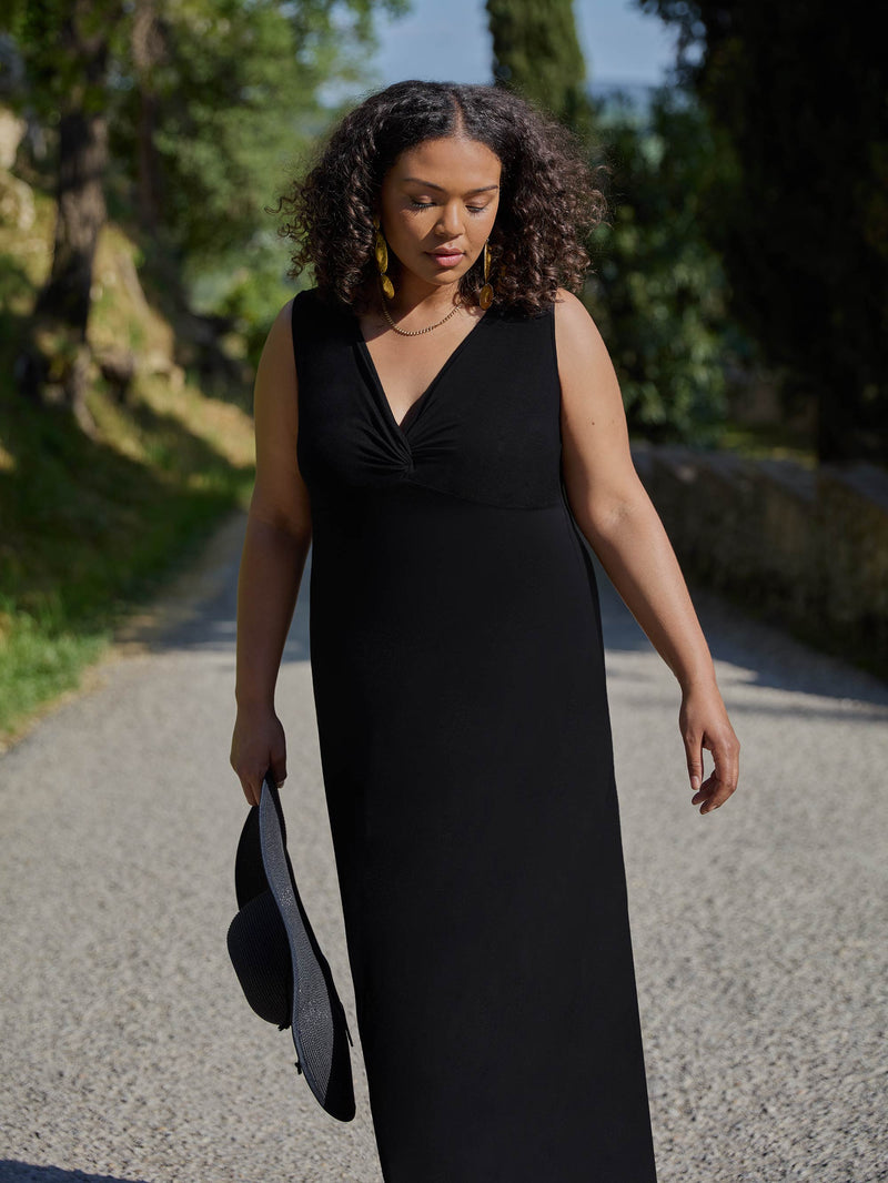 Black V-Neck Twist Front Maxi Dress