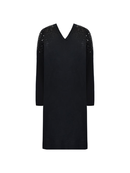 Black Knitted Sequin V-Neck Dress
