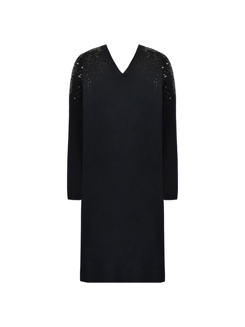 Black Knitted Sequin V-Neck Dress