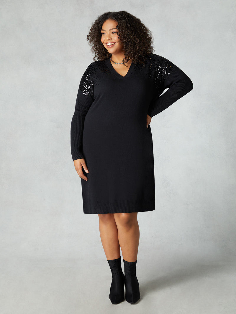 Black Knitted Sequin V-Neck Dress