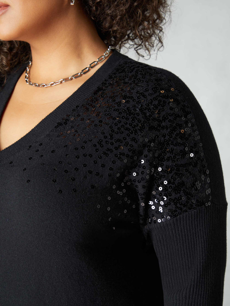 Black Knitted Sequin V-Neck Dress