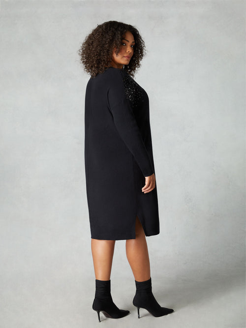 Black Knitted Sequin V-Neck Dress