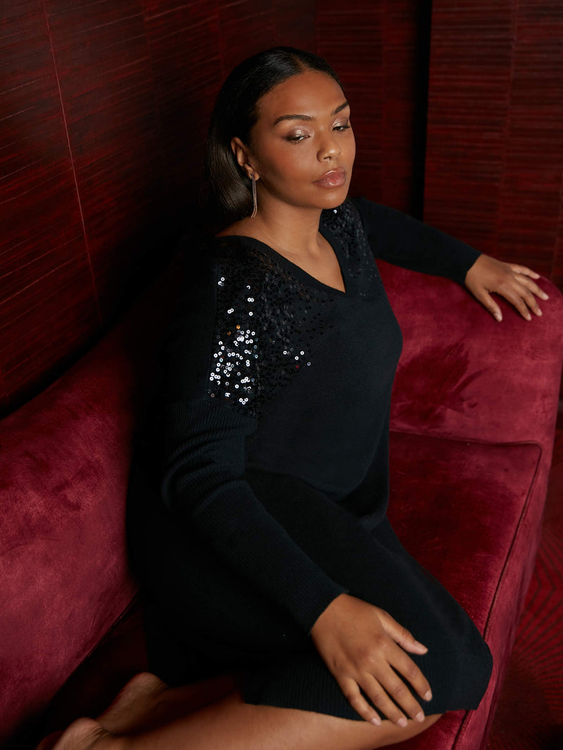 Black Knitted Sequin V-Neck Dress