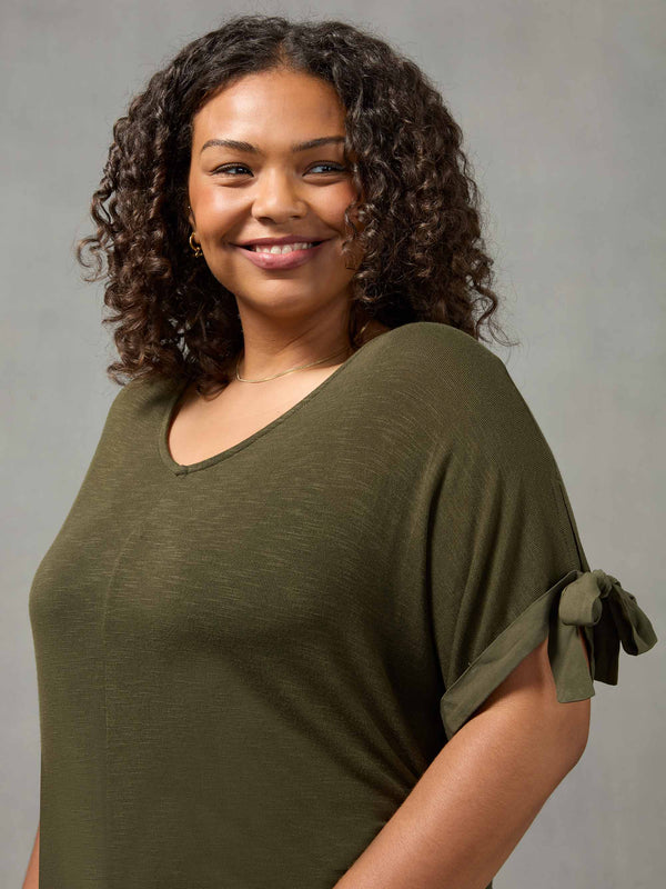 Khaki Viscose Texture Tie Sleeve Top