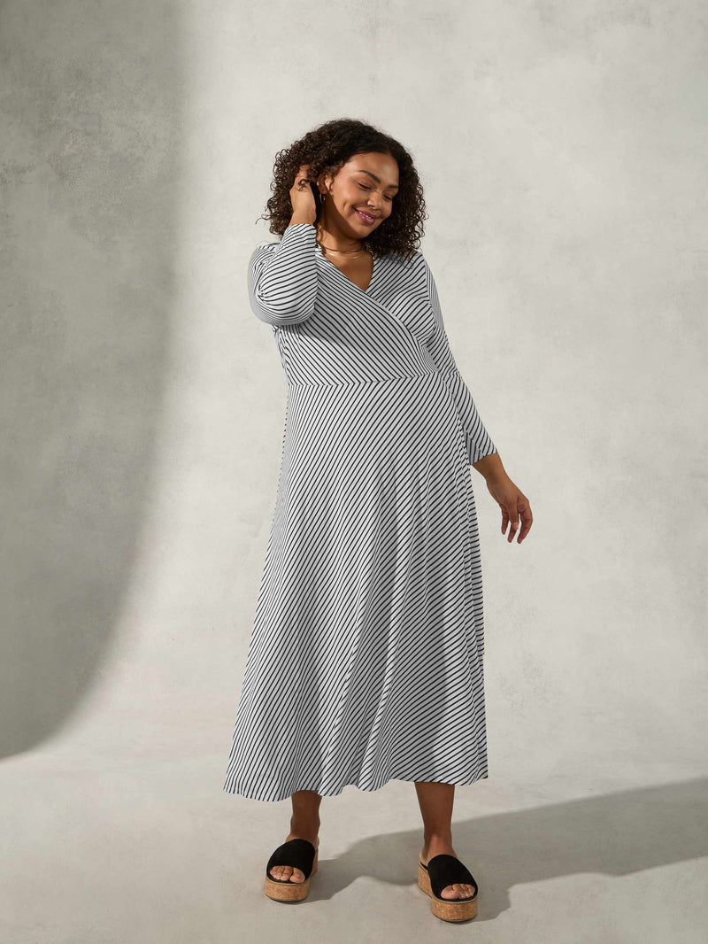 Mono Stripe Collared Wrap Midi Dress