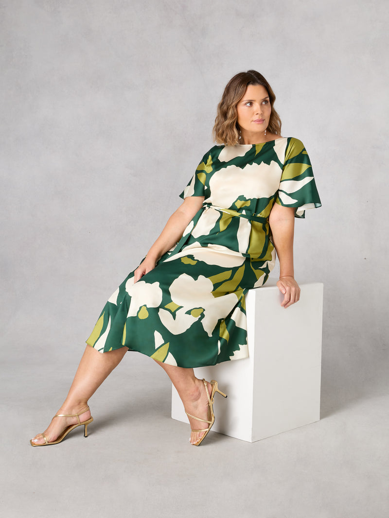 Green Floral Kimono Style Belted Dress