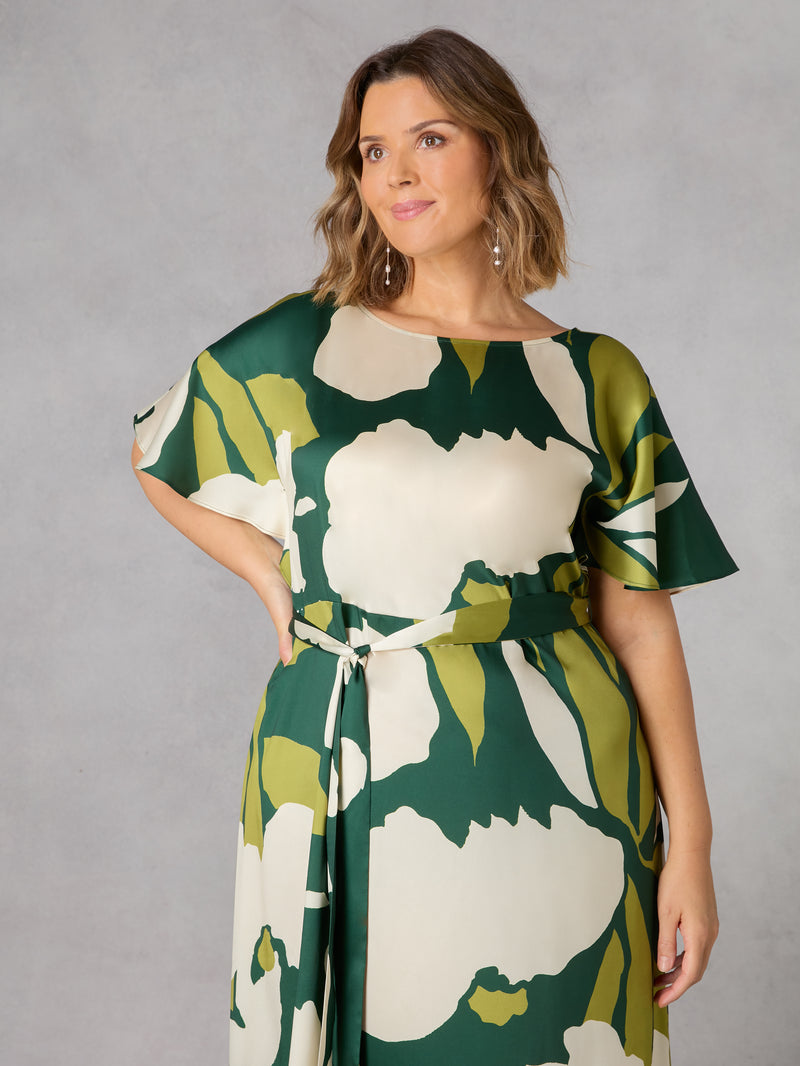 Green Floral Kimono Style Belted Dress