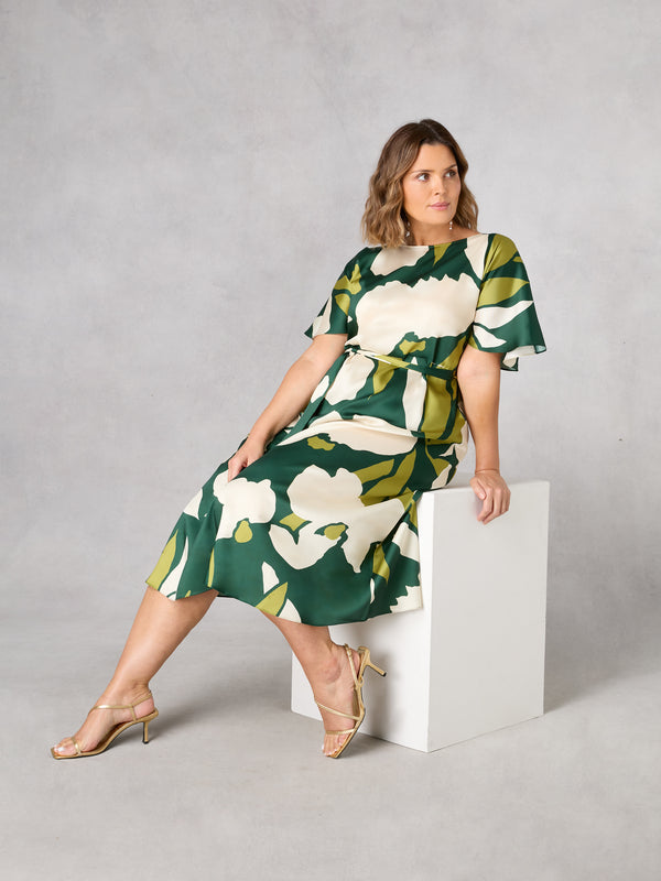 Green Floral Kimono Style Belted Dress