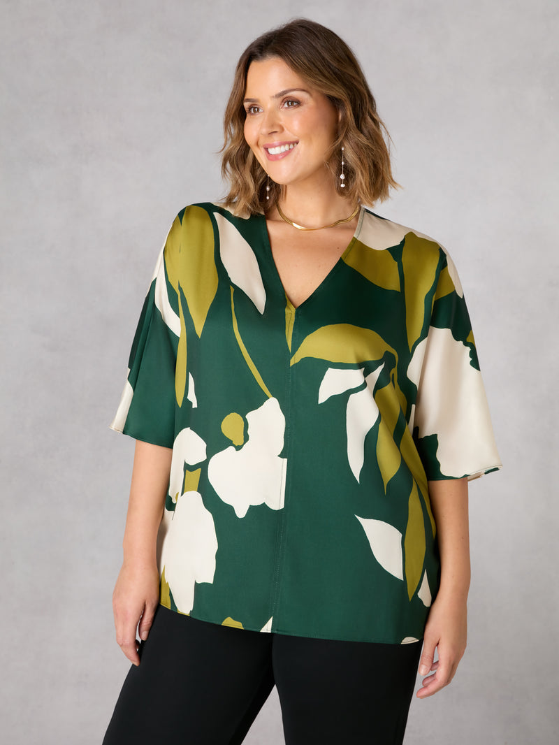 Green Floral V-Neck Batwing Top
