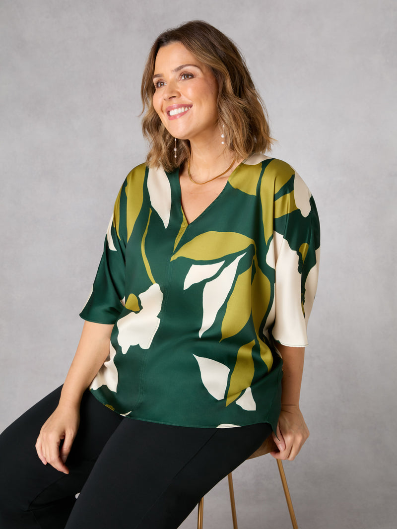 Green Floral V-Neck Batwing Top