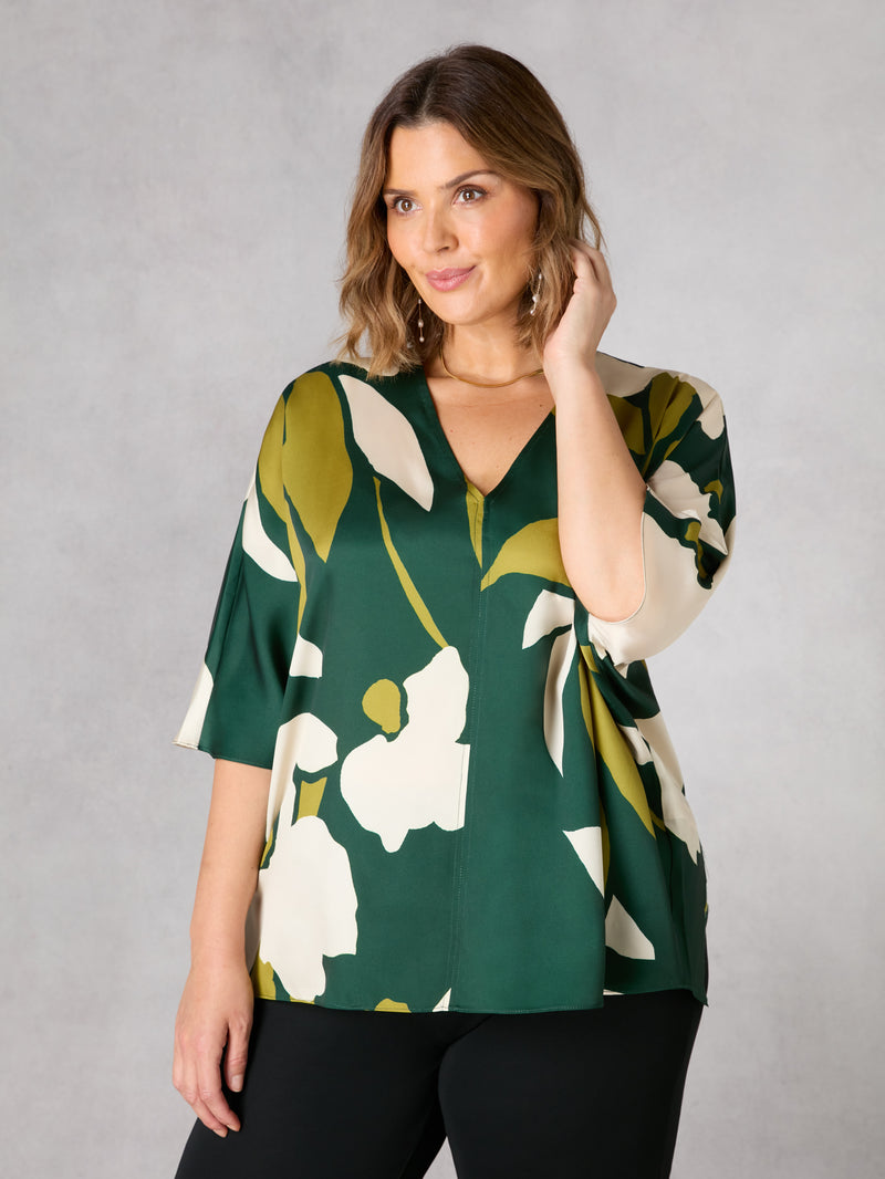 Green Floral V-Neck Batwing Top