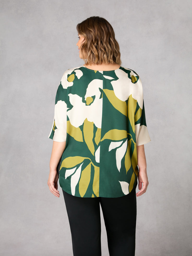 Green Floral V-Neck Batwing Top
