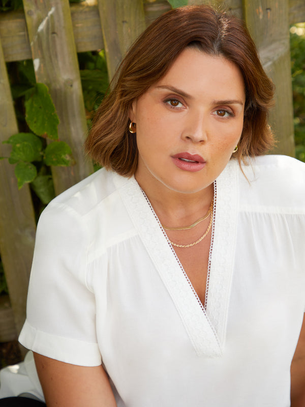 Ivory Crochet Yoke Detail V-Neck Blouse