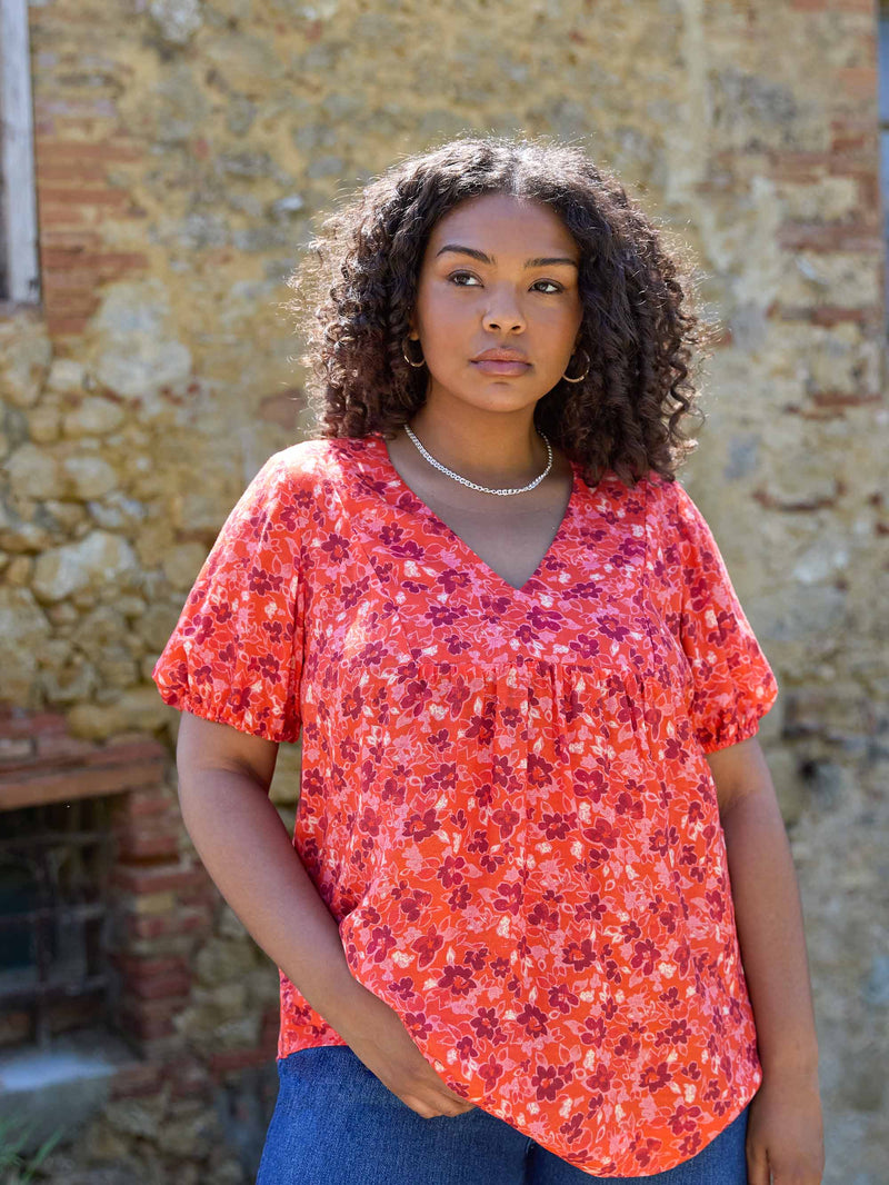 Red Floral Yoke Detail Blouse