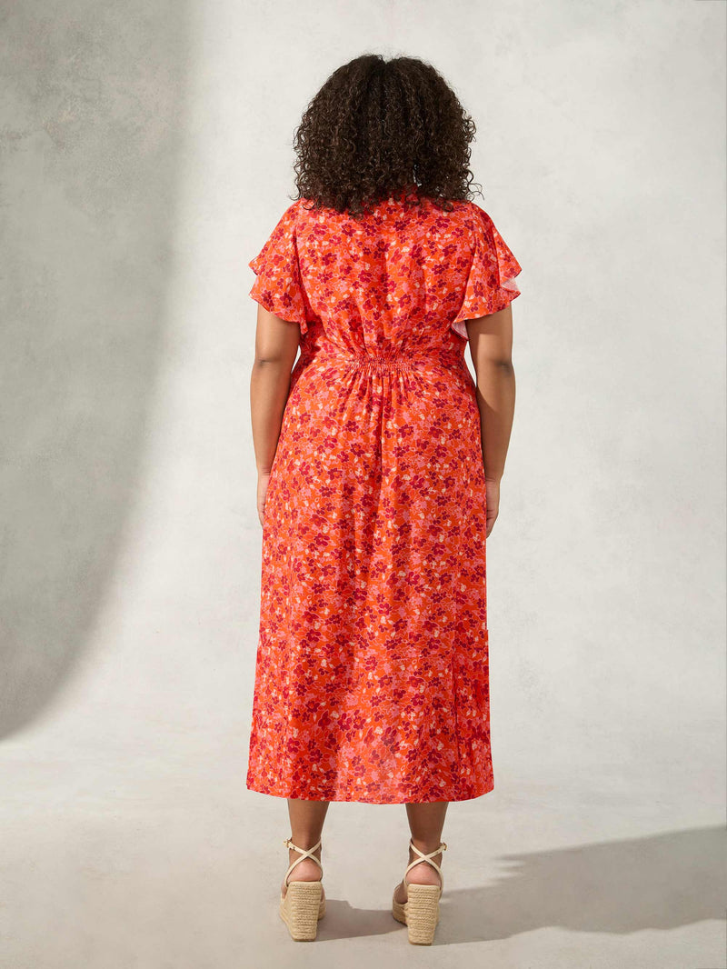 Red Floral Flutter Sleeve Midi Dress