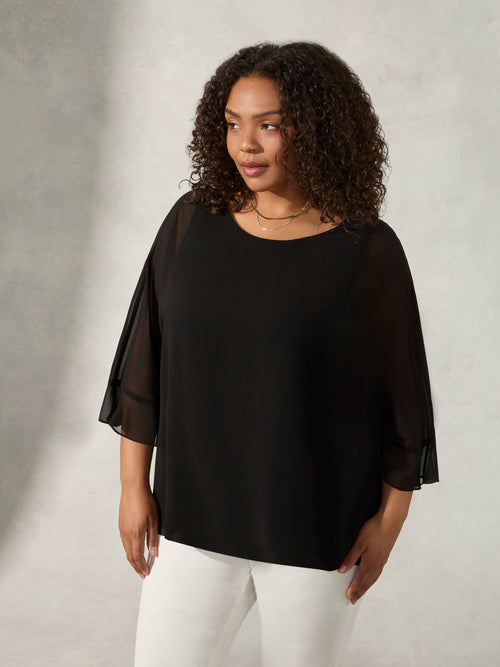 Black Flute Sleeve Overlay Top