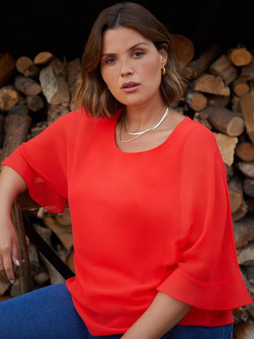 Red Flute Sleeve Overlay Top