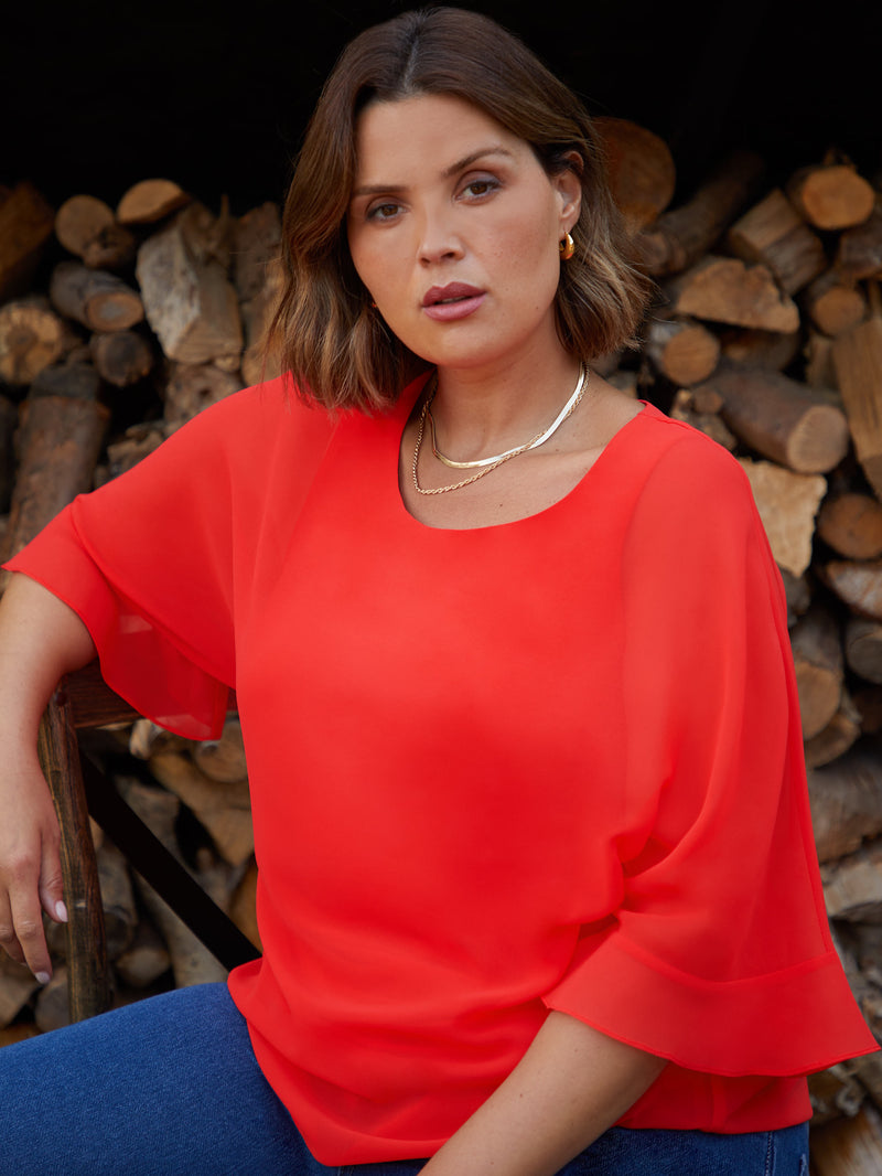 Red Flute Sleeve Overlay Top
