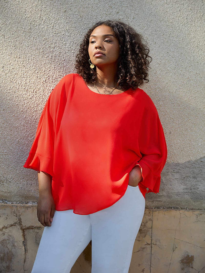 Red Flute Sleeve Overlay Top