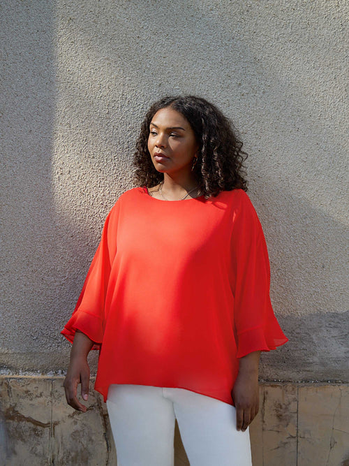 Red Flute Sleeve Overlay Top