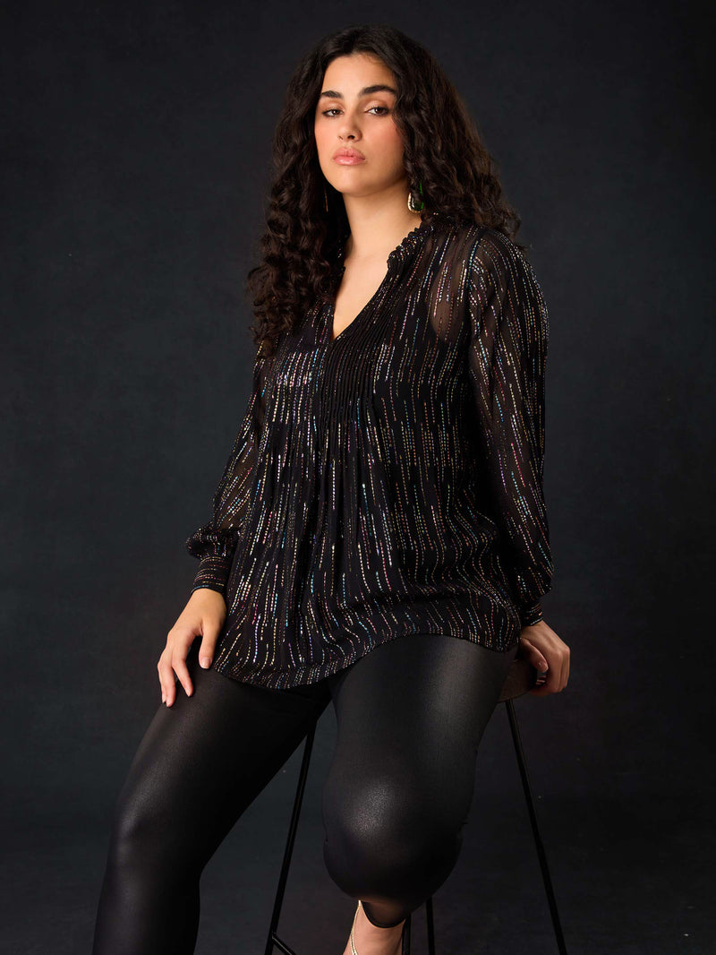 Black Rainbow Metallic Pin Tuck Blouse