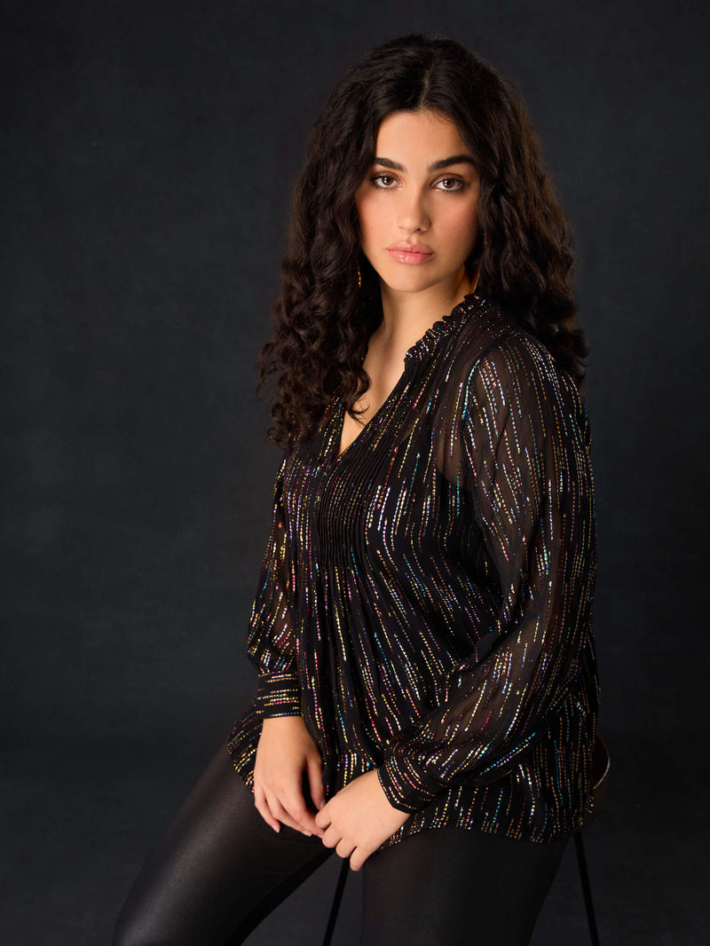 Black Rainbow Metallic Pin Tuck Blouse