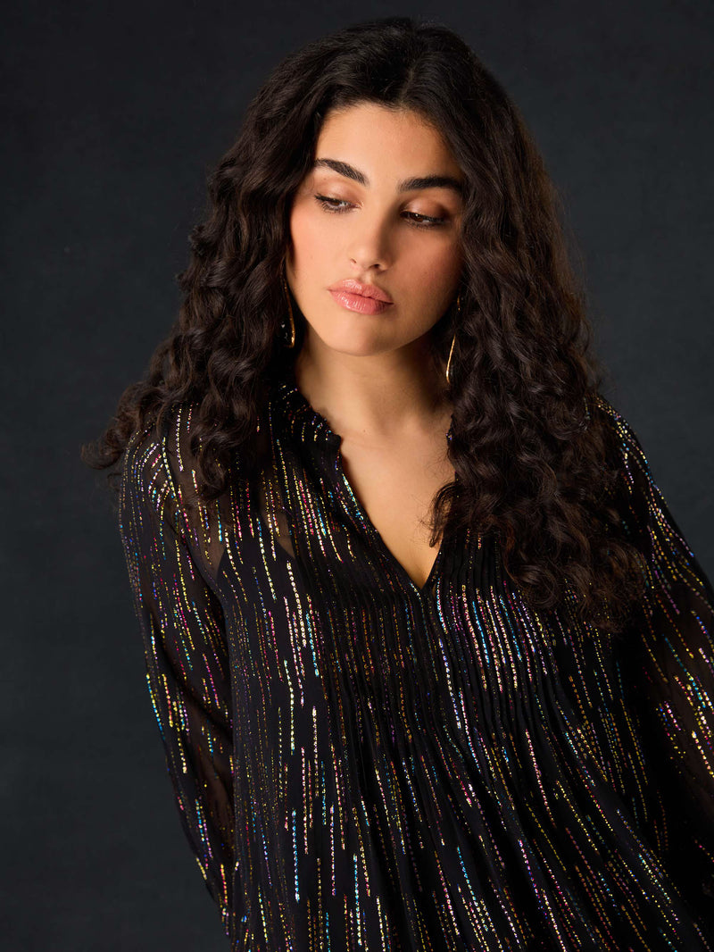 Black Rainbow Metallic Pin Tuck Blouse