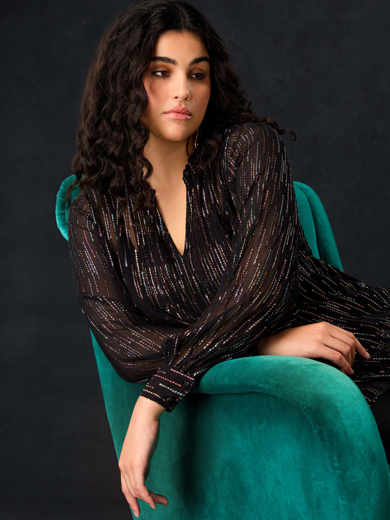 Black Rainbow Metallic Pin Tuck Blouse