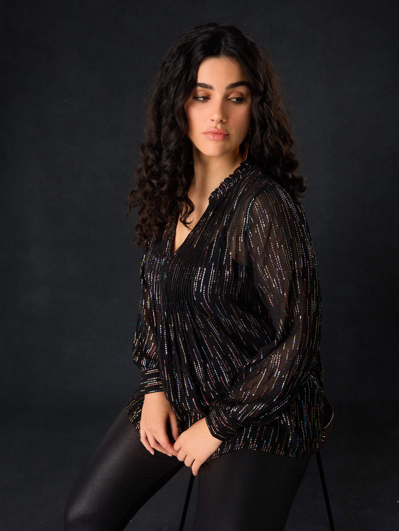Black Rainbow Metallic Pin Tuck Blouse