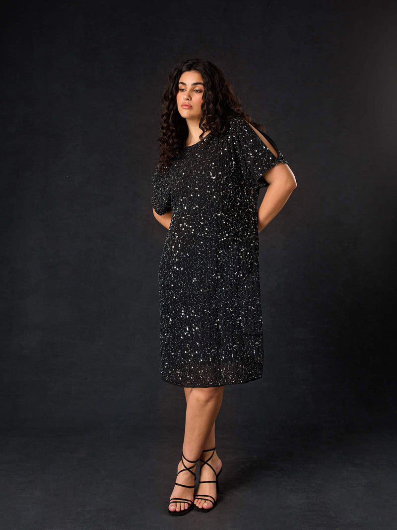 Black Embellished Cold Shoulder Dress