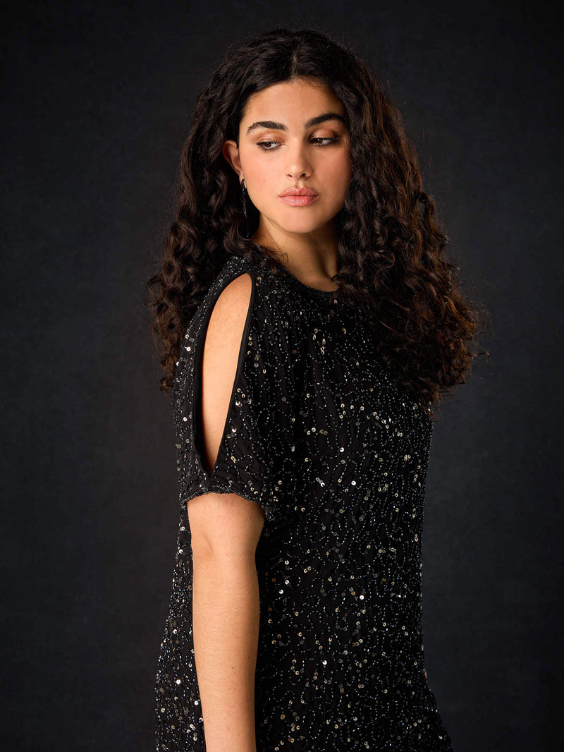 Black Embellished Cold Shoulder Dress
