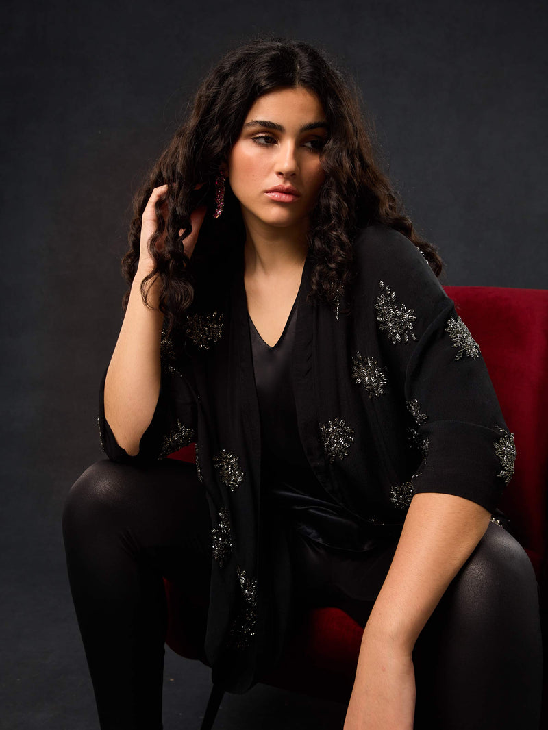 Black Embellished Beaded Edge To Edge Jacket