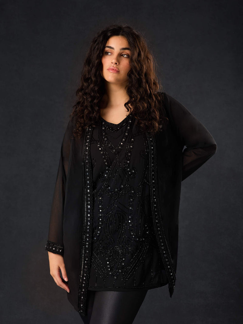Black Embellished Chiffon Tunic Vest