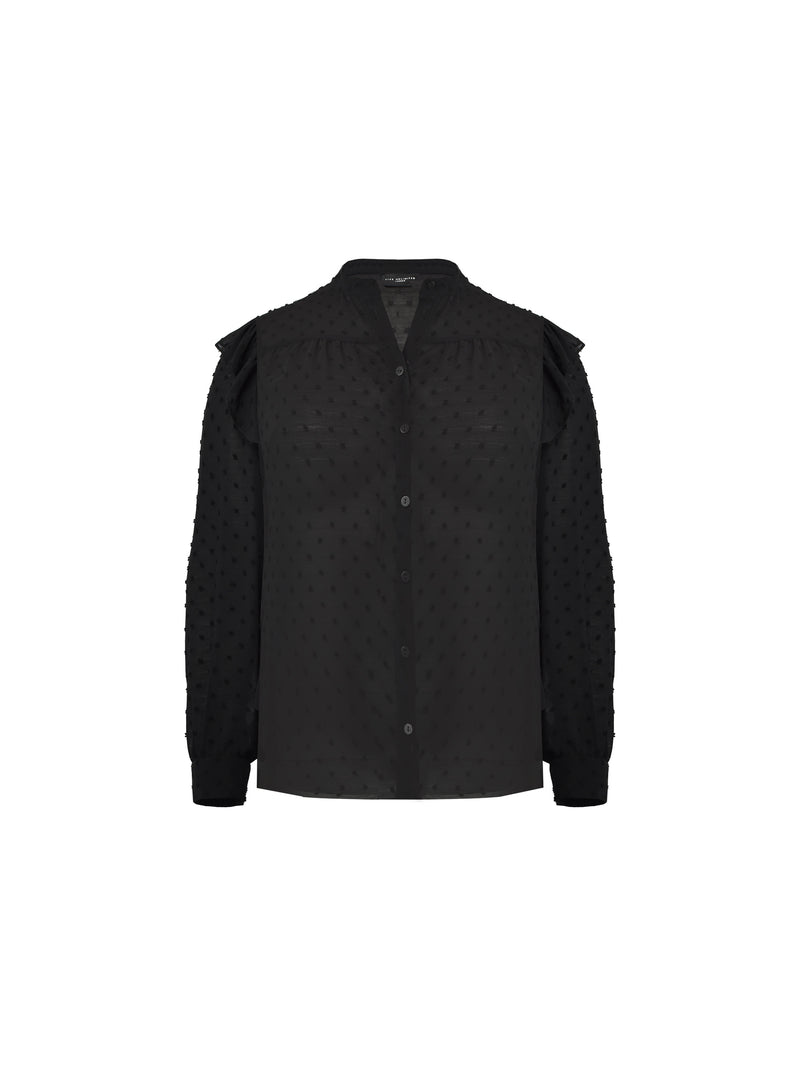 Black Dobby Ruffle Shoulder Blouse