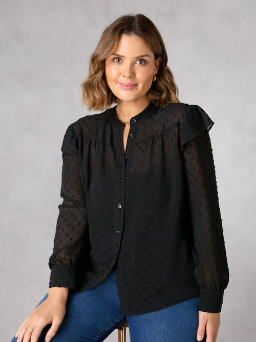 Black Dobby Ruffle Shoulder Blouse