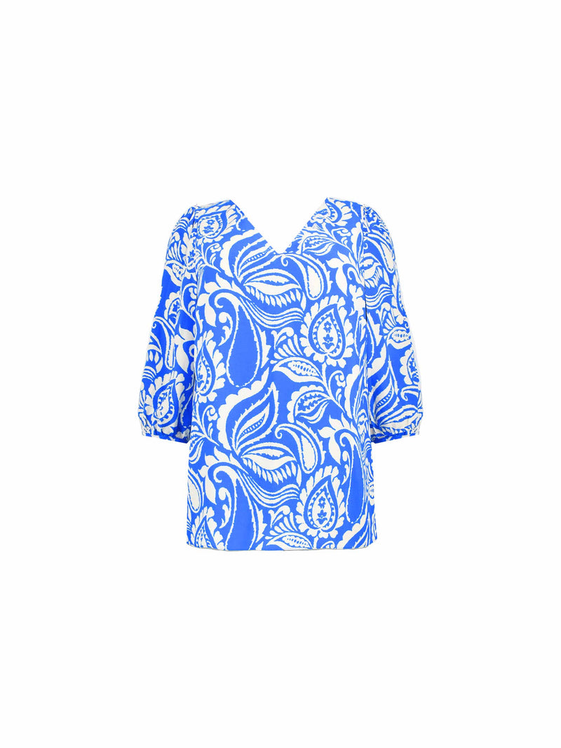 Blue Paisley Print Puff Sleeve Blouse